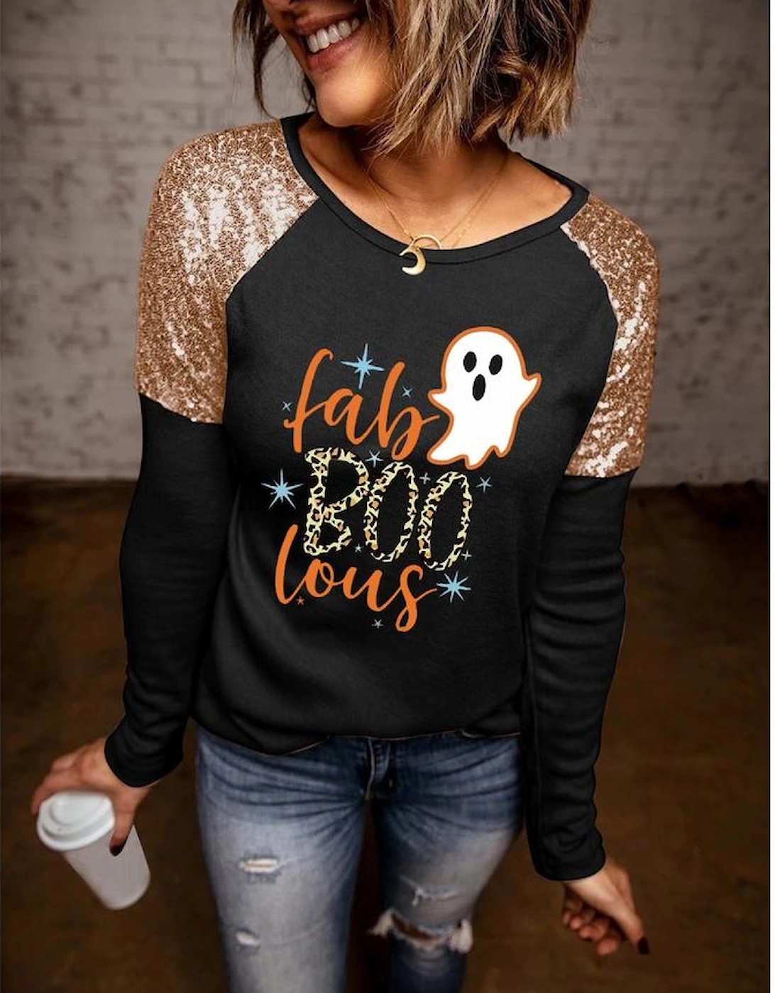 Black Leopard Boo Ghost Graphic Sequin Raglan Sleeve Top