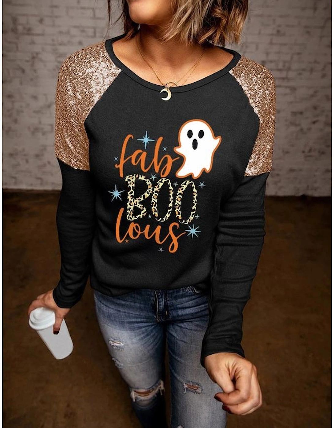 Black Leopard Boo Ghost Graphic Sequin Raglan Sleeve Top