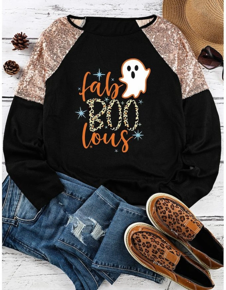Black Leopard Boo Ghost Graphic Sequin Raglan Sleeve Top