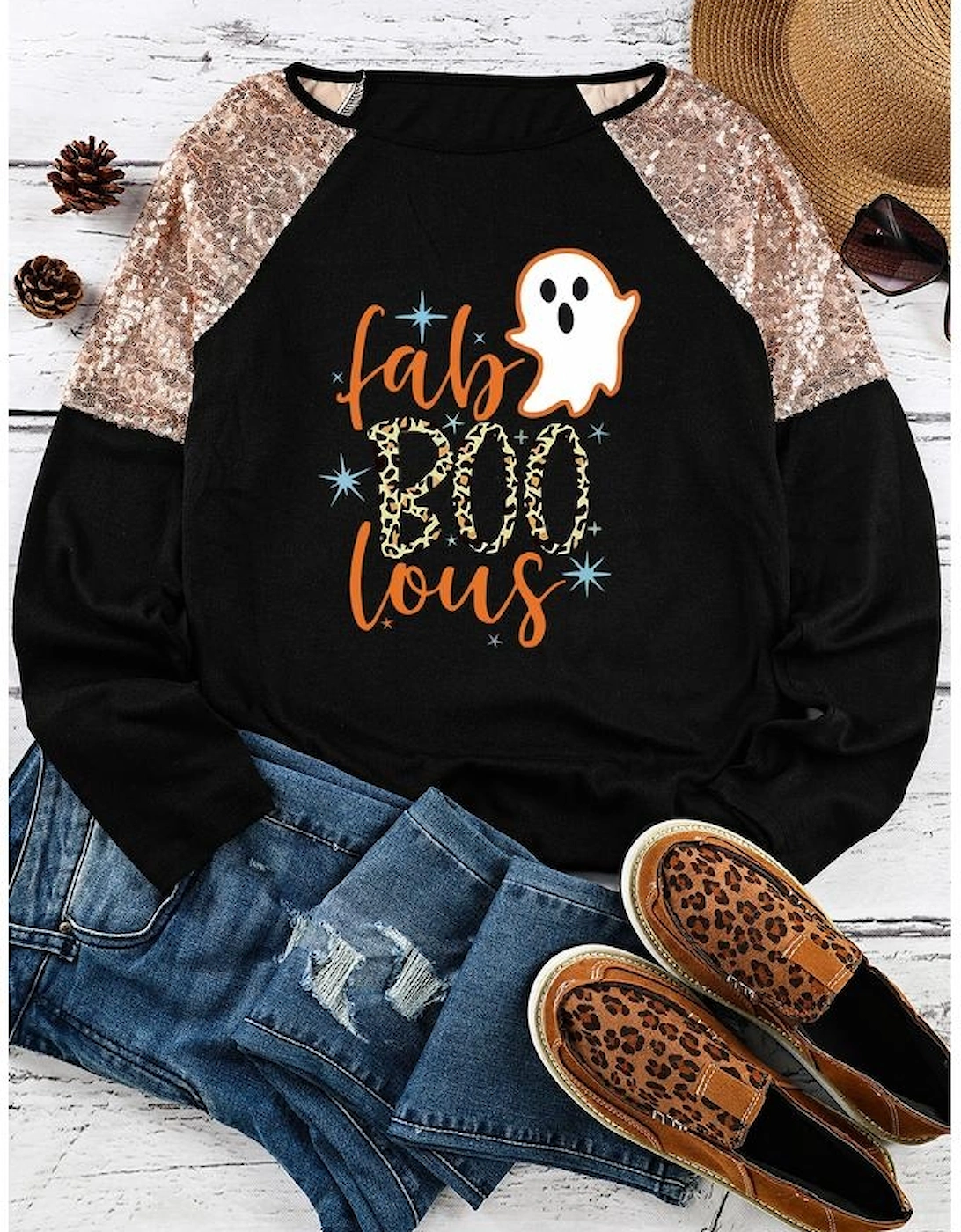 Black Leopard Boo Ghost Graphic Sequin Raglan Sleeve Top