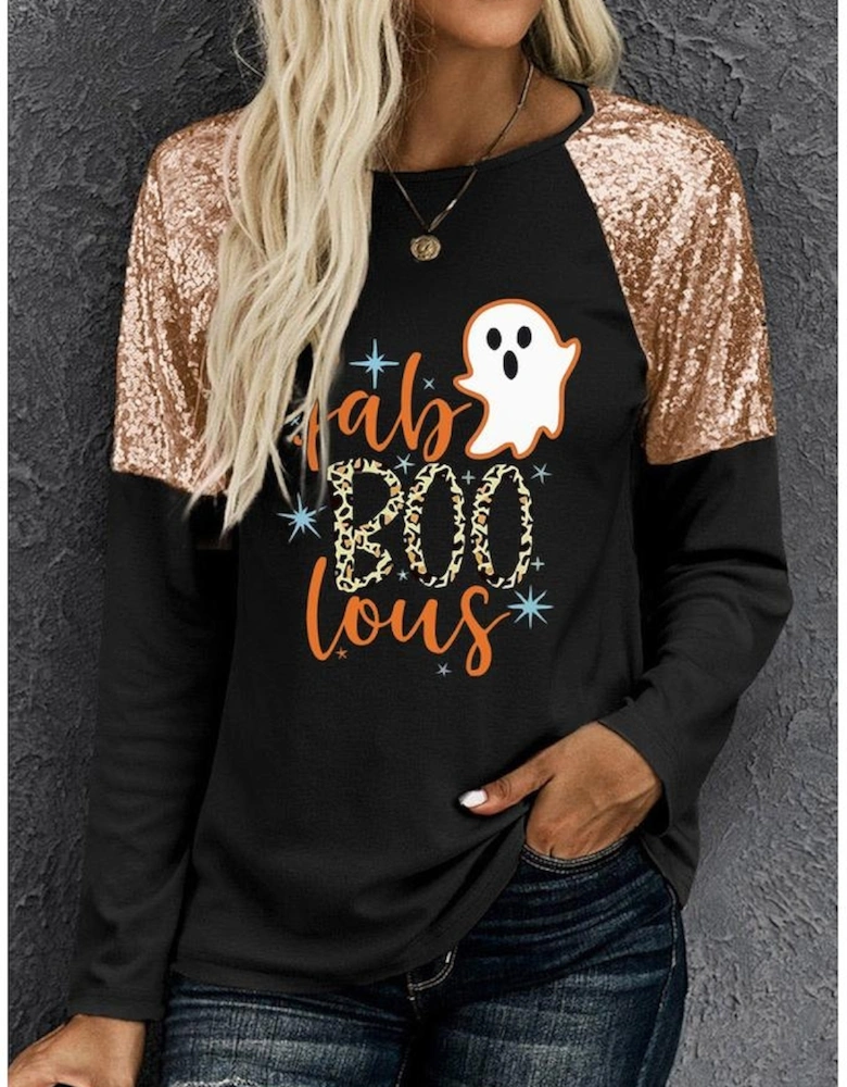 Black Leopard Boo Ghost Graphic Sequin Raglan Sleeve Top