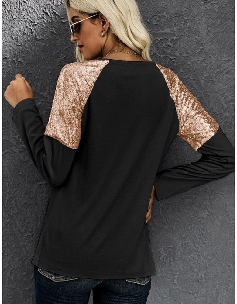 Black Leopard Boo Ghost Graphic Sequin Raglan Sleeve Top