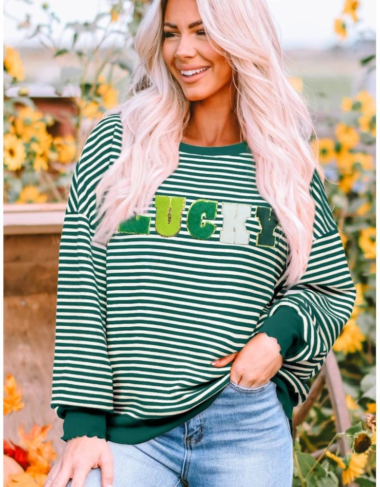 Green Stripe Chenille LUCKY Patched Pattern St Patrick Long Sleeve Top