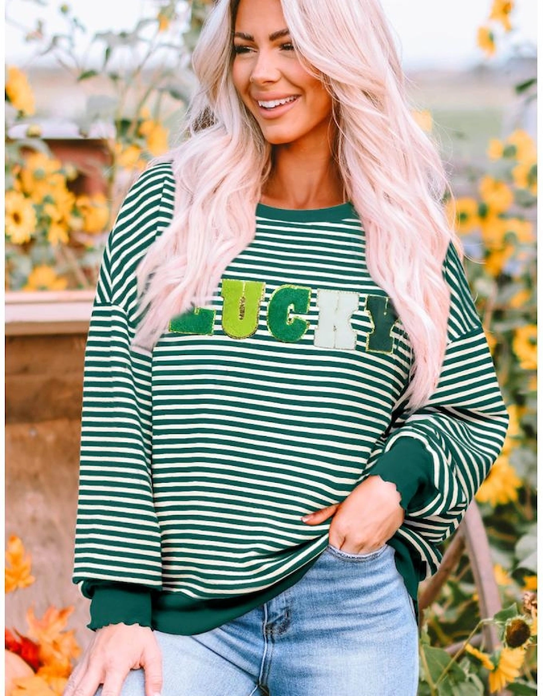 Green Stripe Chenille LUCKY Patched Pattern St Patrick Long Sleeve Top