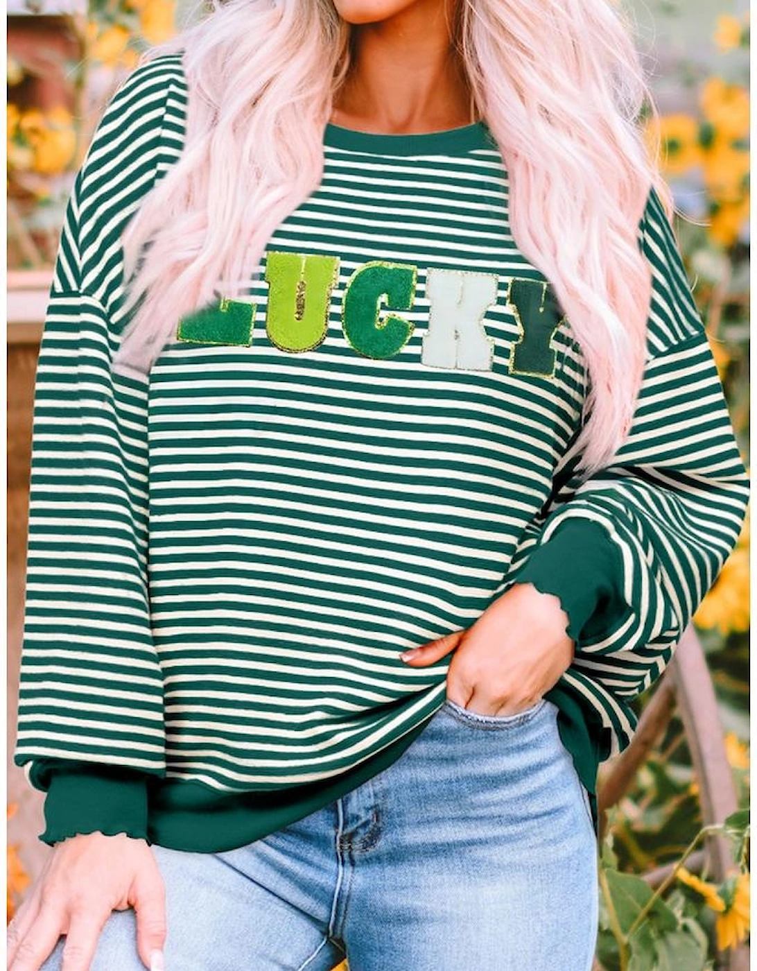 Green Stripe Chenille LUCKY Patched Pattern St Patrick Long Sleeve Top