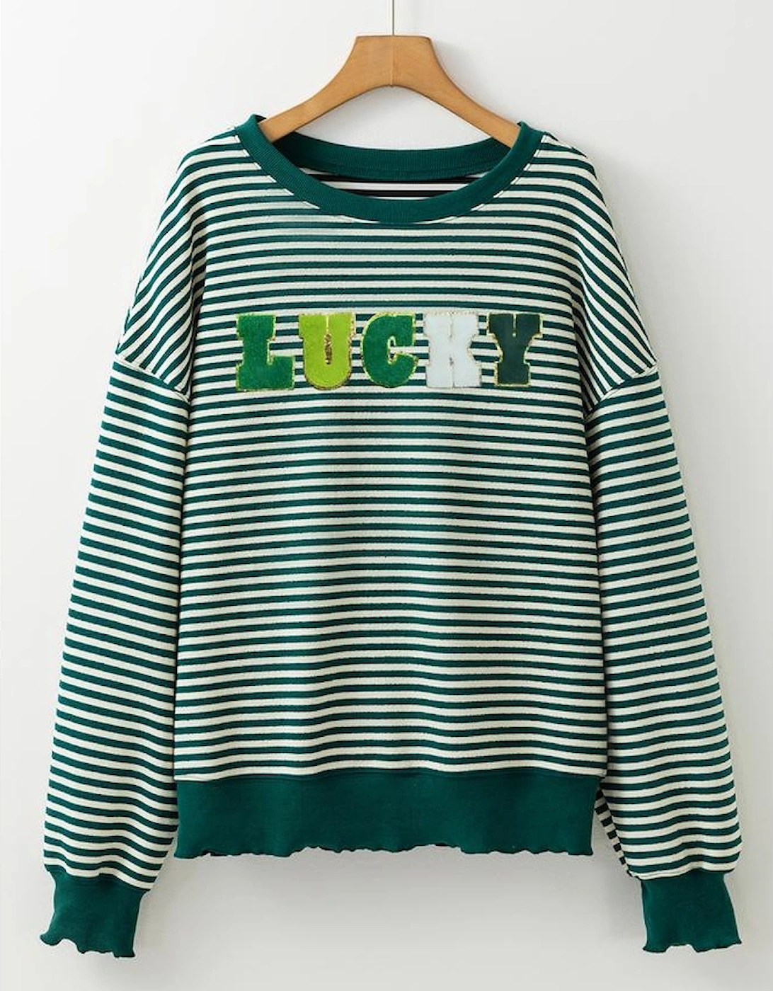 Green Stripe Chenille LUCKY Patched Pattern St Patrick Long Sleeve Top, 6 of 5