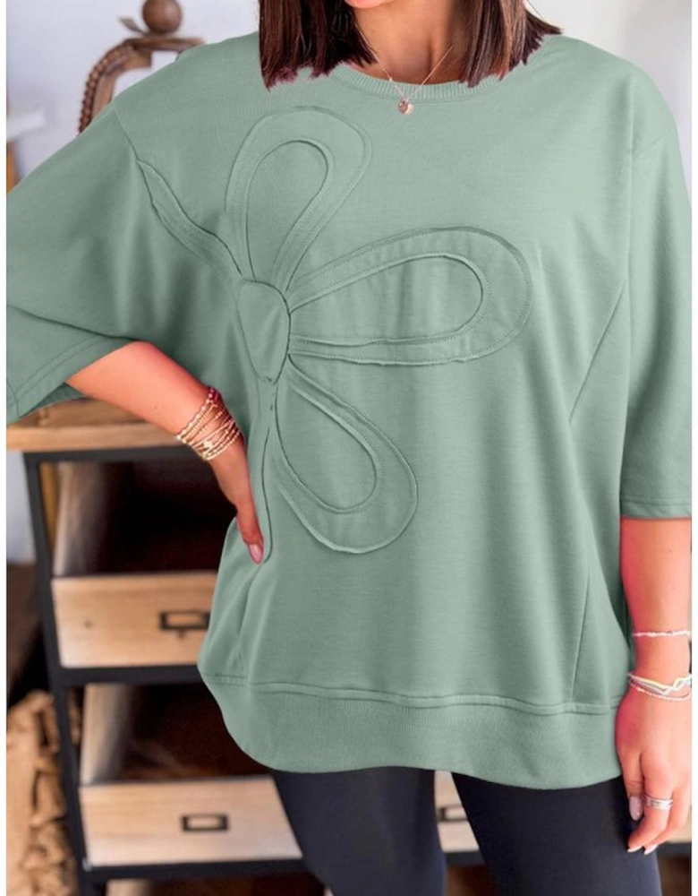 Clearly Aqua Floral Patched Half Sleeve Tunic Top