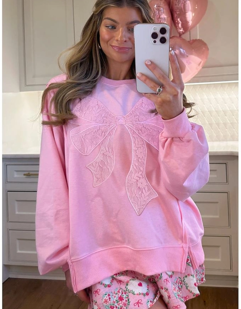 Bonbon Lace Insert Bow Embroidered Exposed Seam Sweatshirt