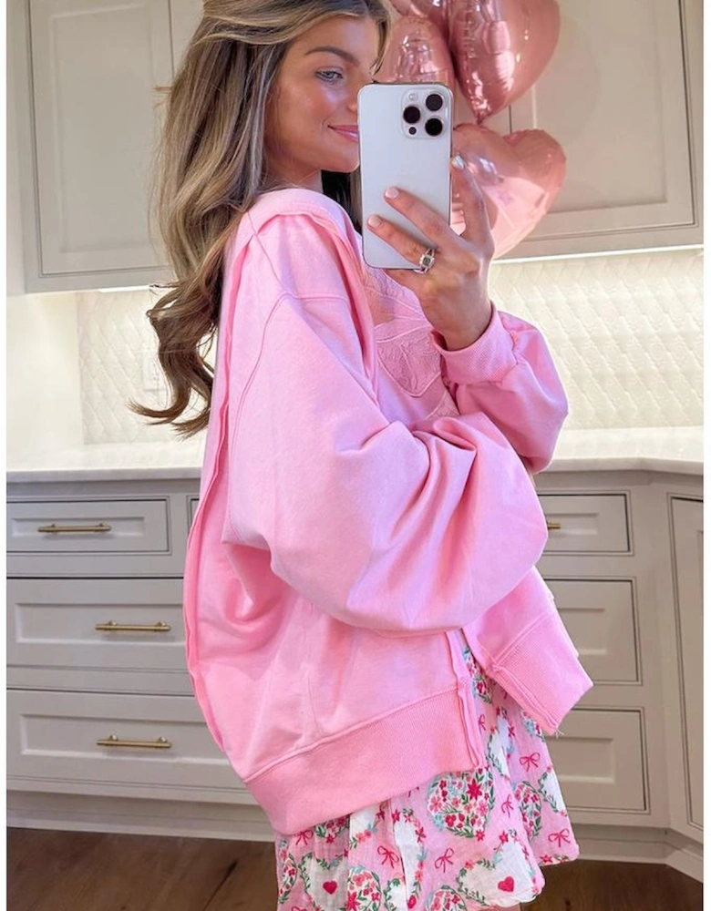 Bonbon Lace Insert Bow Embroidered Exposed Seam Sweatshirt