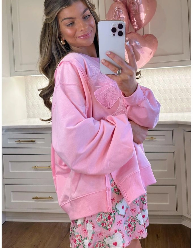 Bonbon Lace Insert Bow Embroidered Exposed Seam Sweatshirt