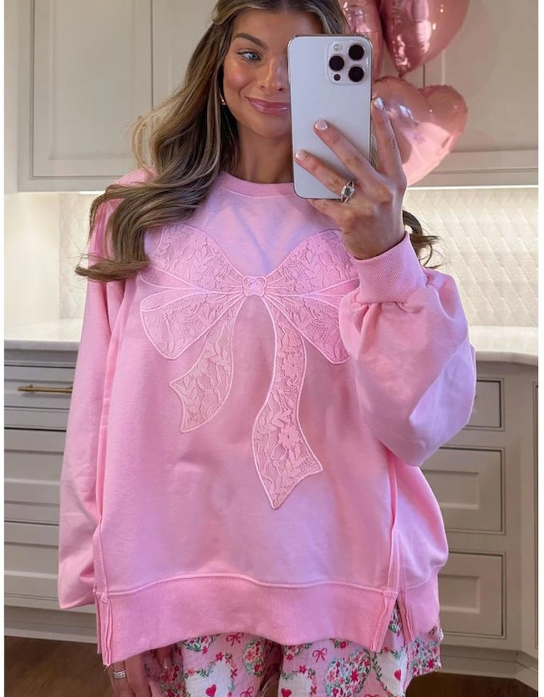 Bonbon Lace Insert Bow Embroidered Exposed Seam Sweatshirt