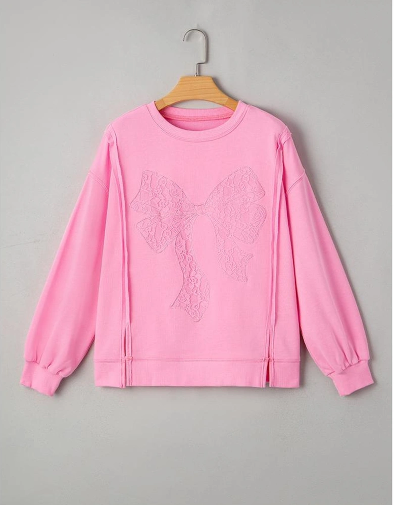 Bonbon Lace Insert Bow Embroidered Exposed Seam Sweatshirt