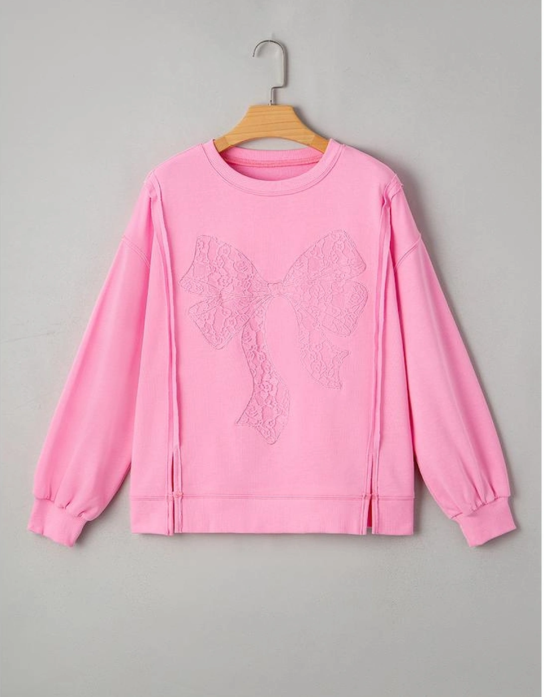 Bonbon Lace Insert Bow Embroidered Exposed Seam Sweatshirt
