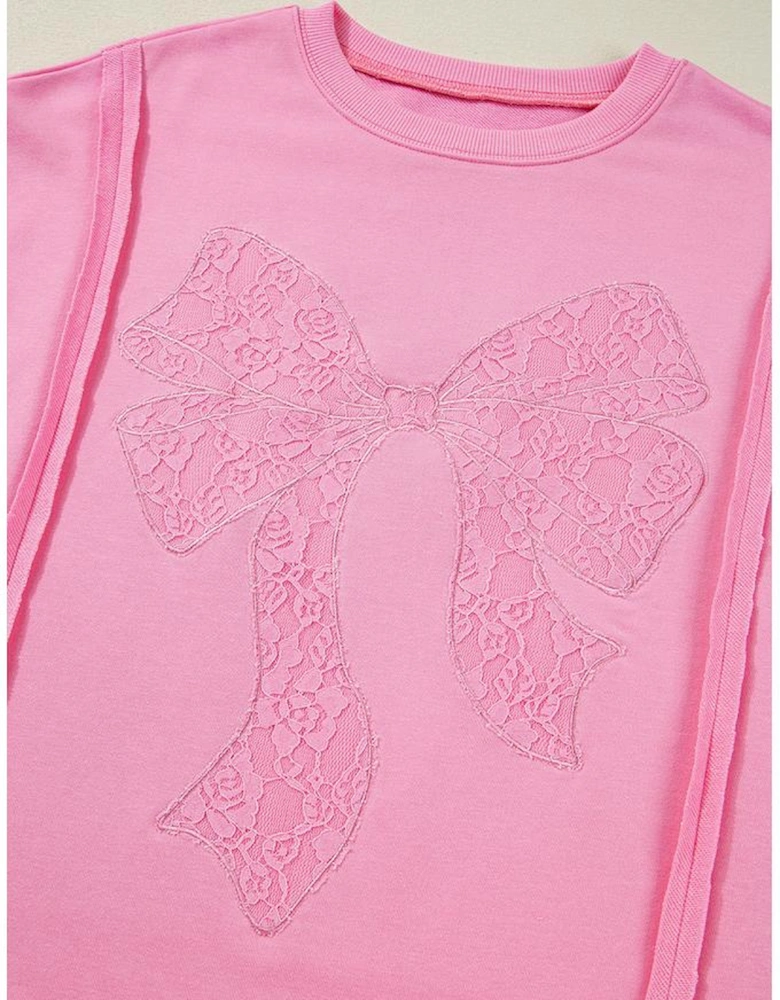 Bonbon Lace Insert Bow Embroidered Exposed Seam Sweatshirt