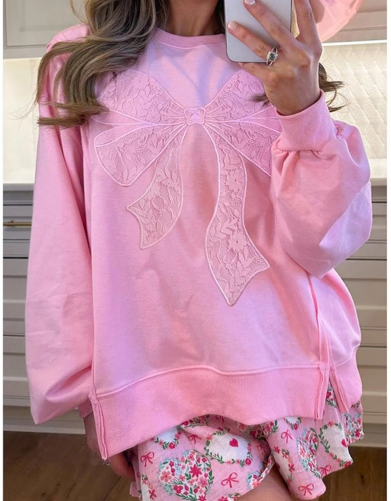 Bonbon Lace Insert Bow Embroidered Exposed Seam Sweatshirt