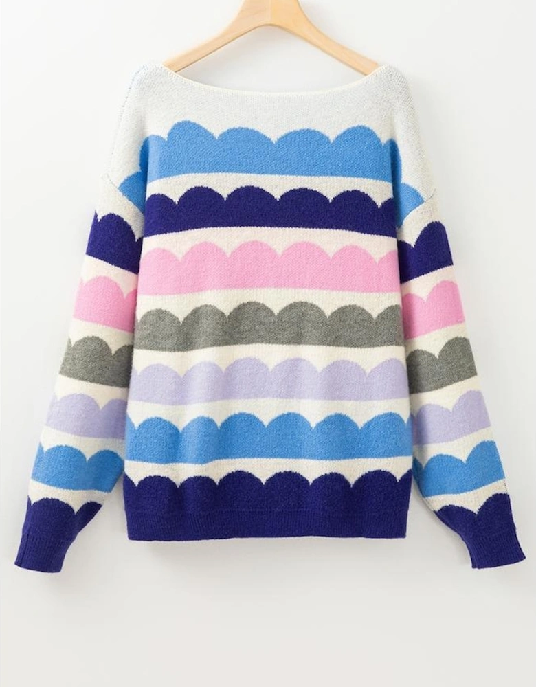 Dark Blue Wave Striped Balloon Sleeve Drop Shoulder Sweater