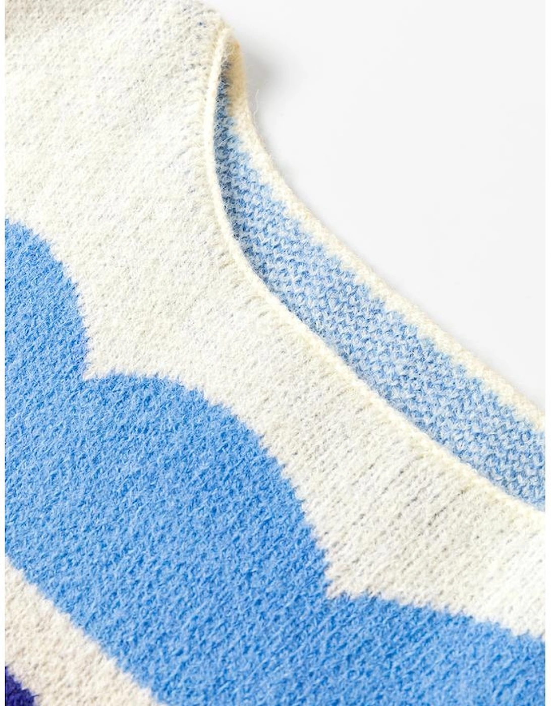 Dark Blue Wave Striped Balloon Sleeve Drop Shoulder Sweater