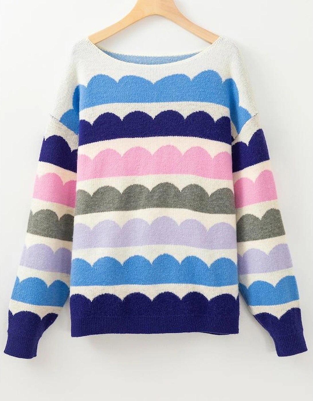 Dark Blue Wave Striped Balloon Sleeve Drop Shoulder Sweater