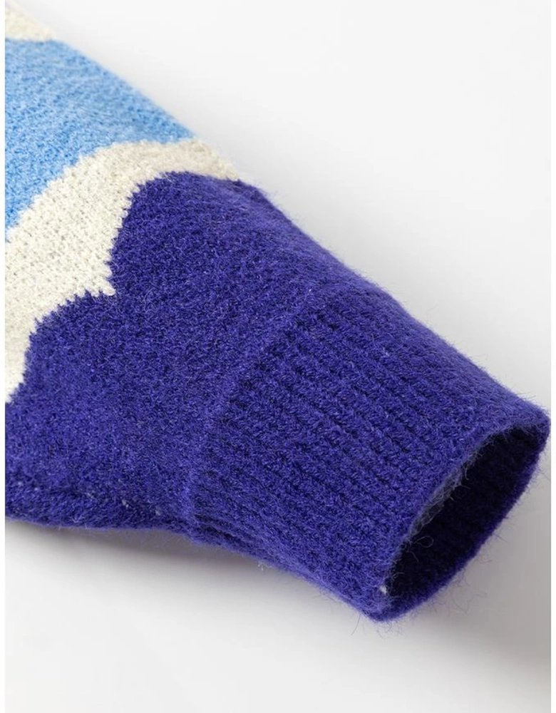 Dark Blue Wave Striped Balloon Sleeve Drop Shoulder Sweater