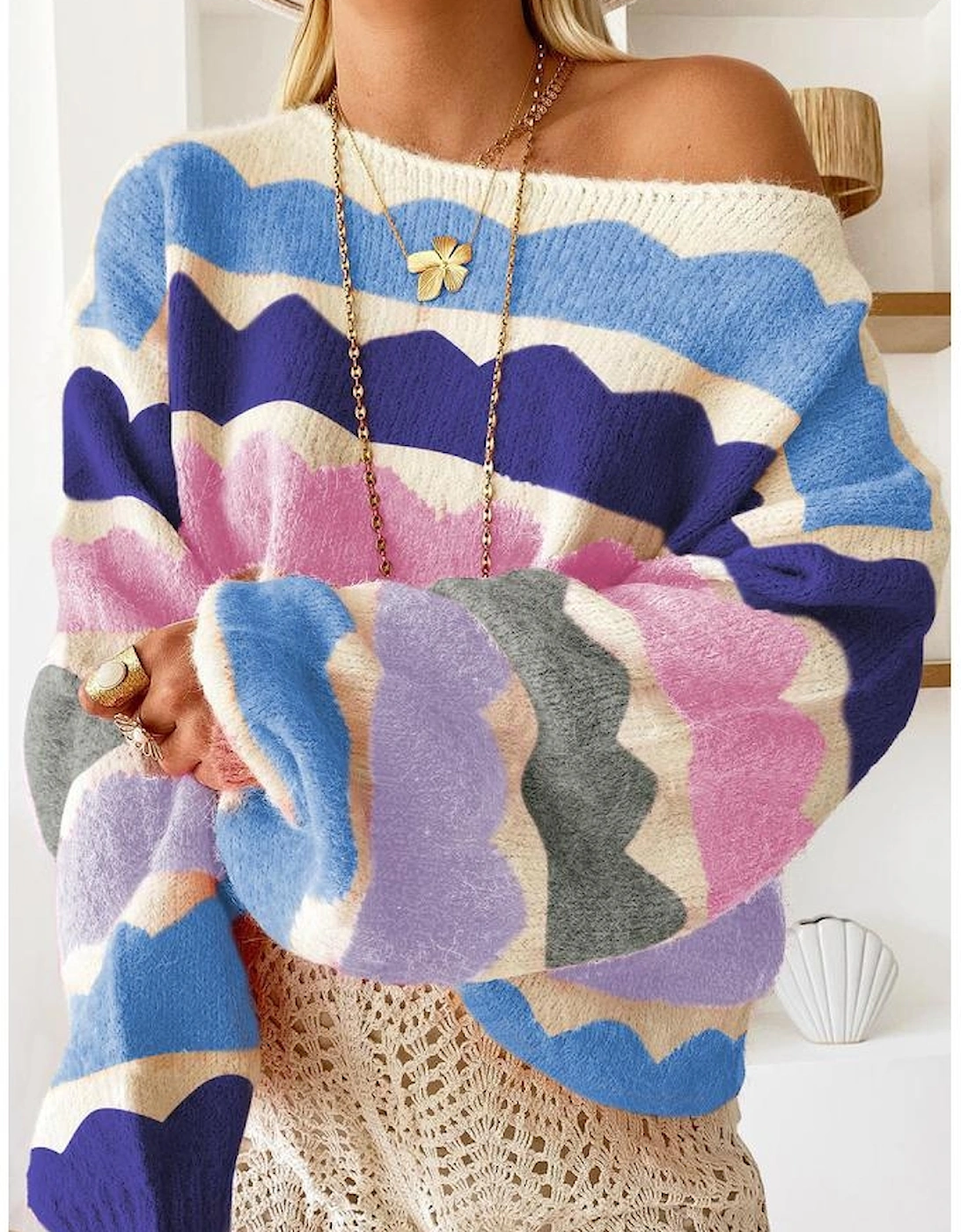 Dark Blue Wave Striped Balloon Sleeve Drop Shoulder Sweater
