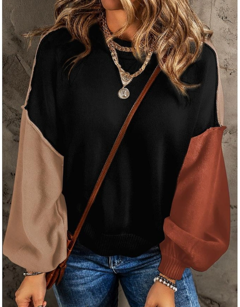 Black Colorblock Bishop Sleeve Ribbed Trim Sweater