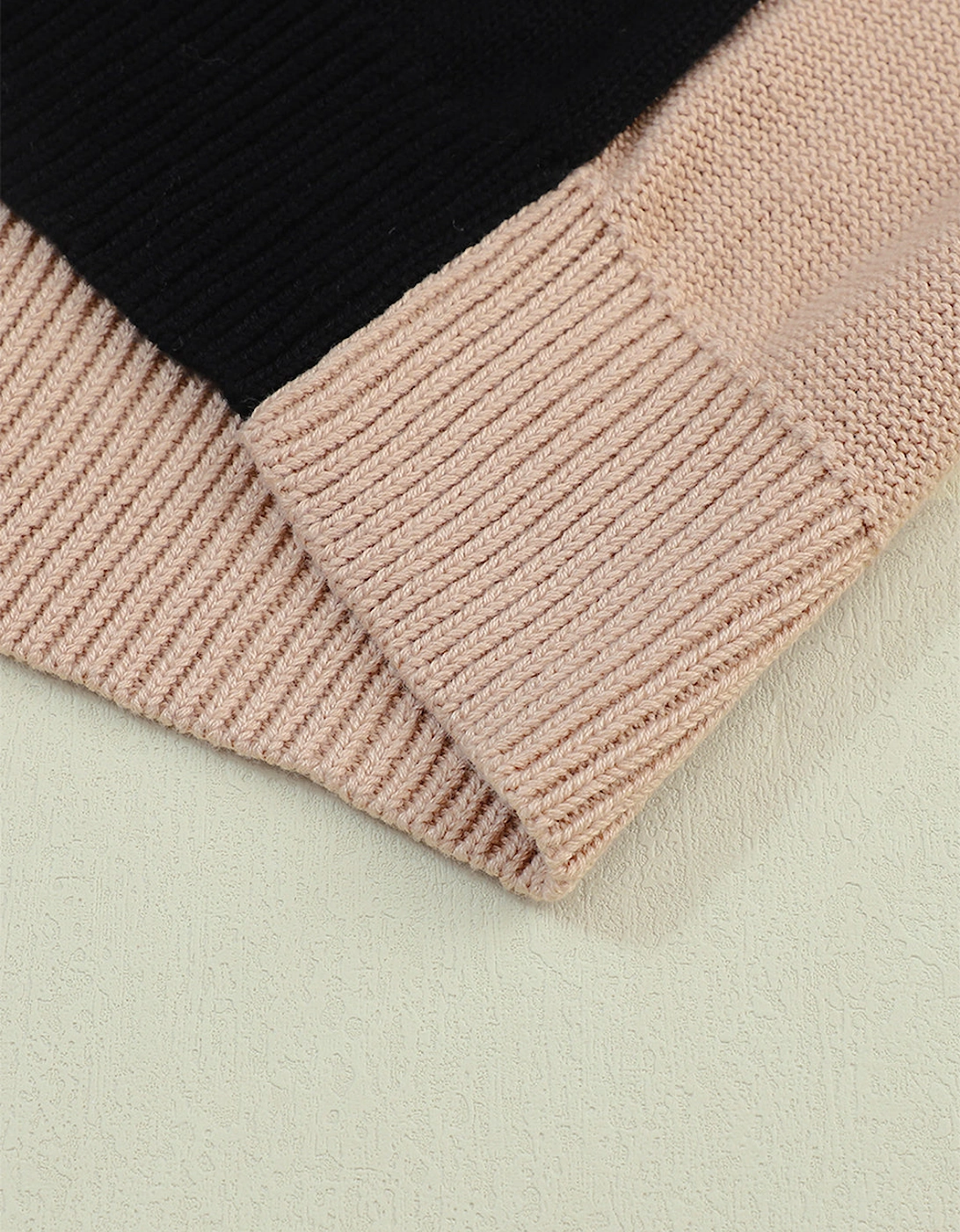Black Colorblock Bishop Sleeve Ribbed Trim Sweater