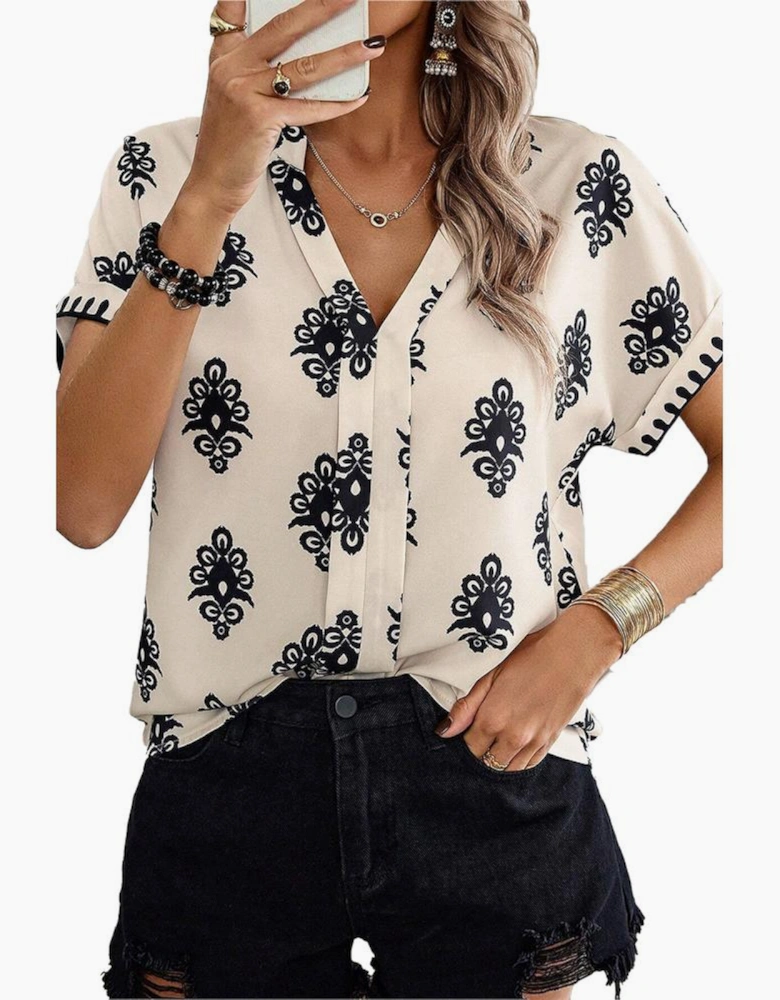Black Geometric Print Short Sleeve V Neck Blouse