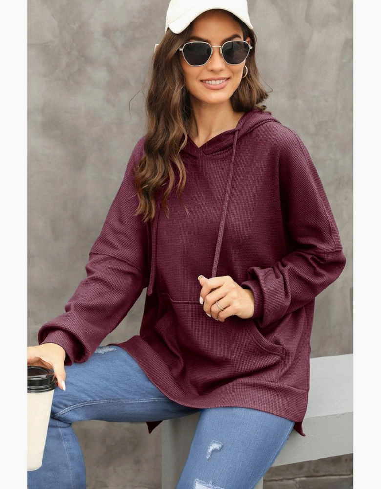 Red Dahlia Waffle Knit Fleece Lined High Low Oversized Hoodie