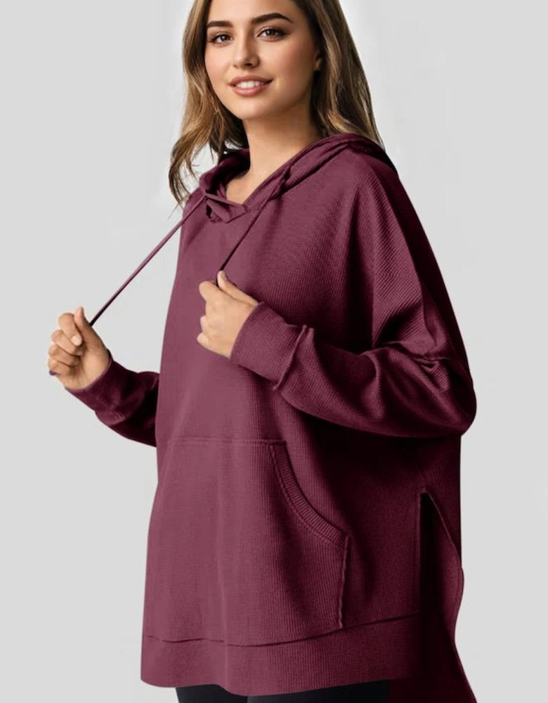 Red Dahlia Waffle Knit Fleece Lined High Low Oversized Hoodie