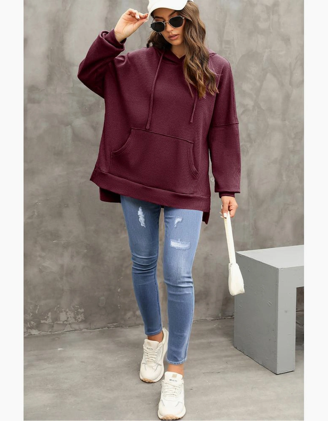 Red Dahlia Waffle Knit Fleece Lined High Low Oversized Hoodie