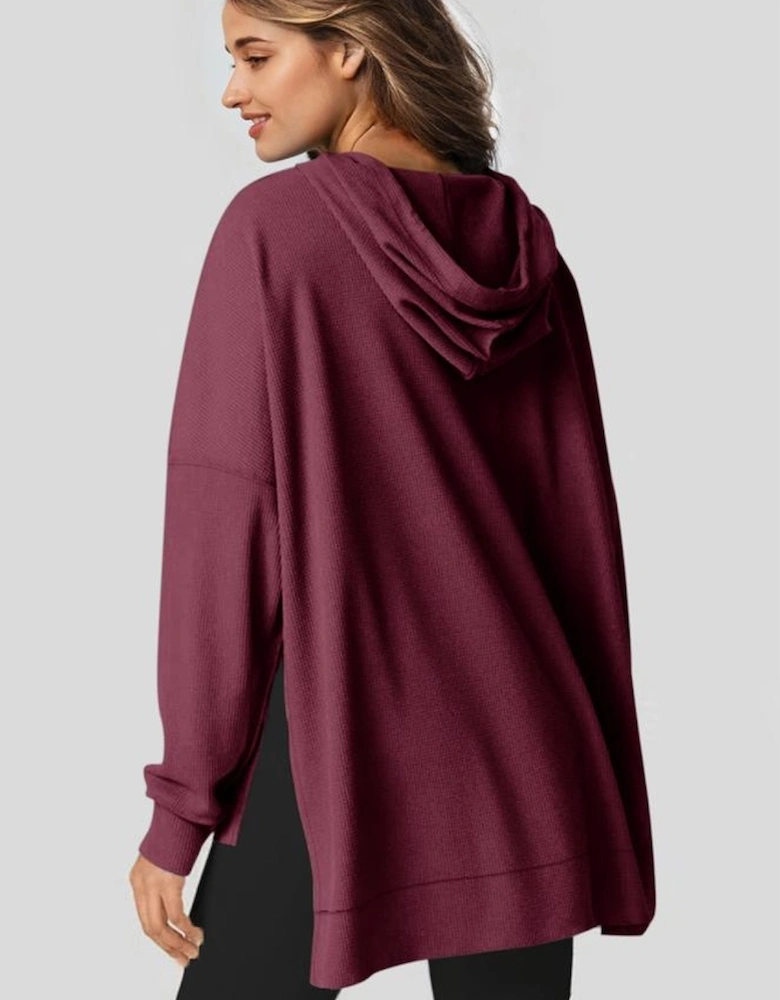 Red Dahlia Waffle Knit Fleece Lined High Low Oversized Hoodie