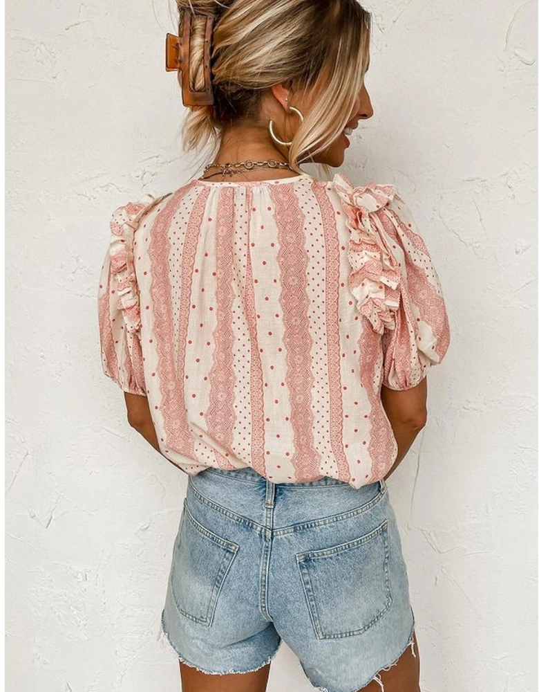 Red Frilled Short Puff Sleeve Mixed Print Blouse