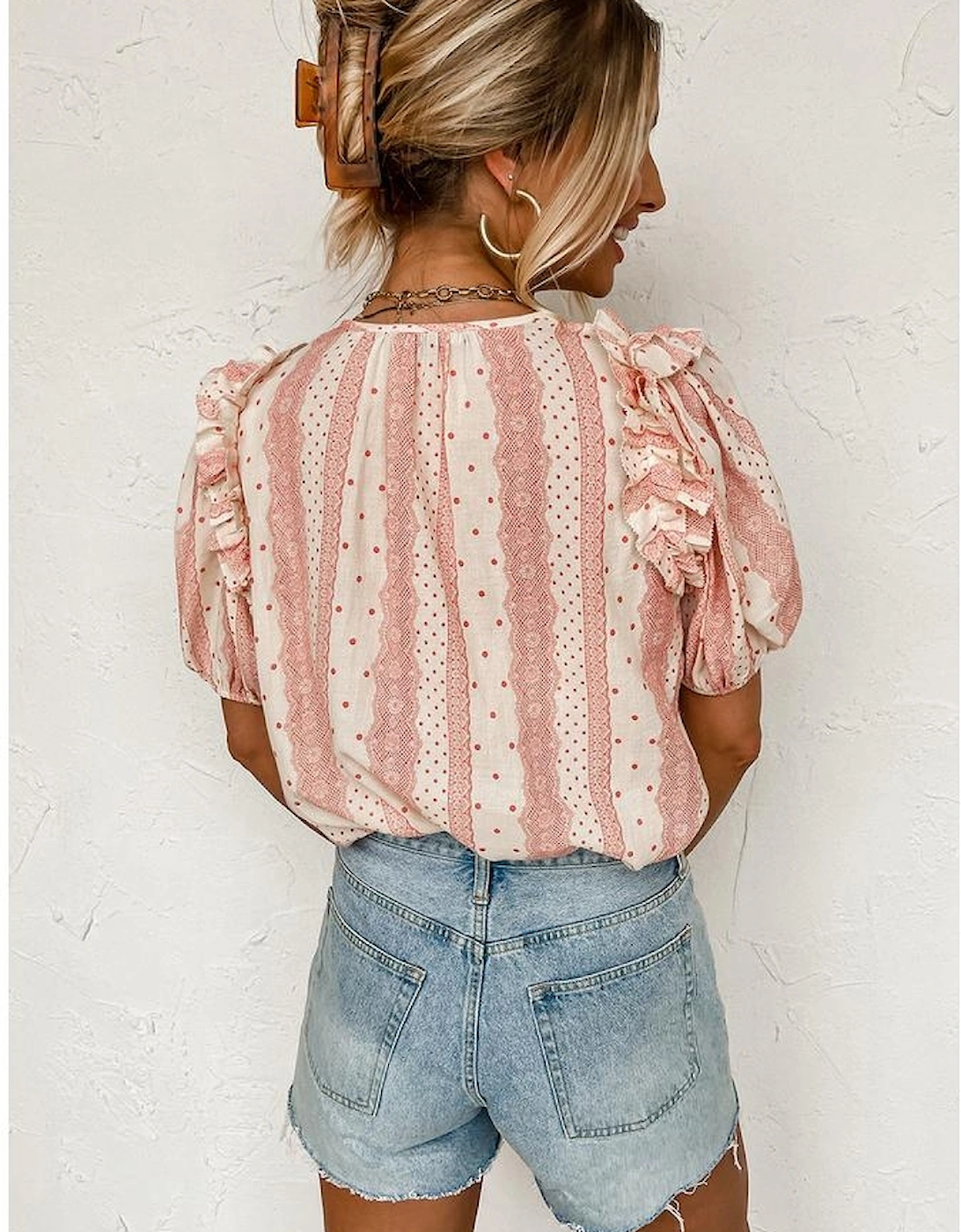 Red Frilled Short Puff Sleeve Mixed Print Blouse