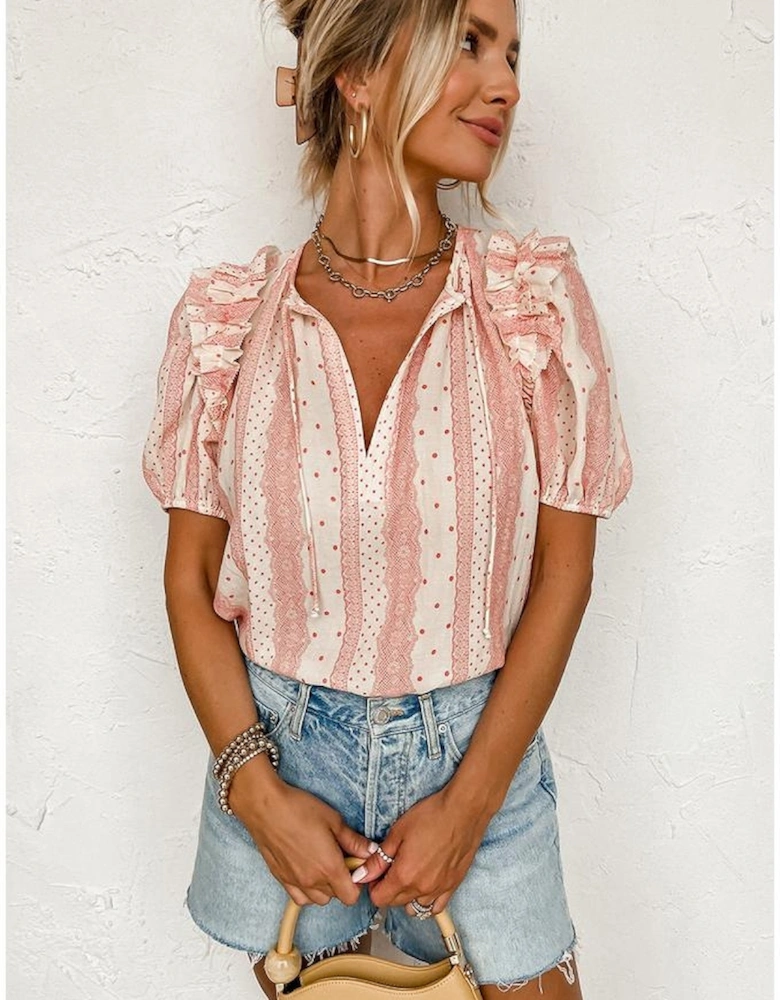 Red Frilled Short Puff Sleeve Mixed Print Blouse