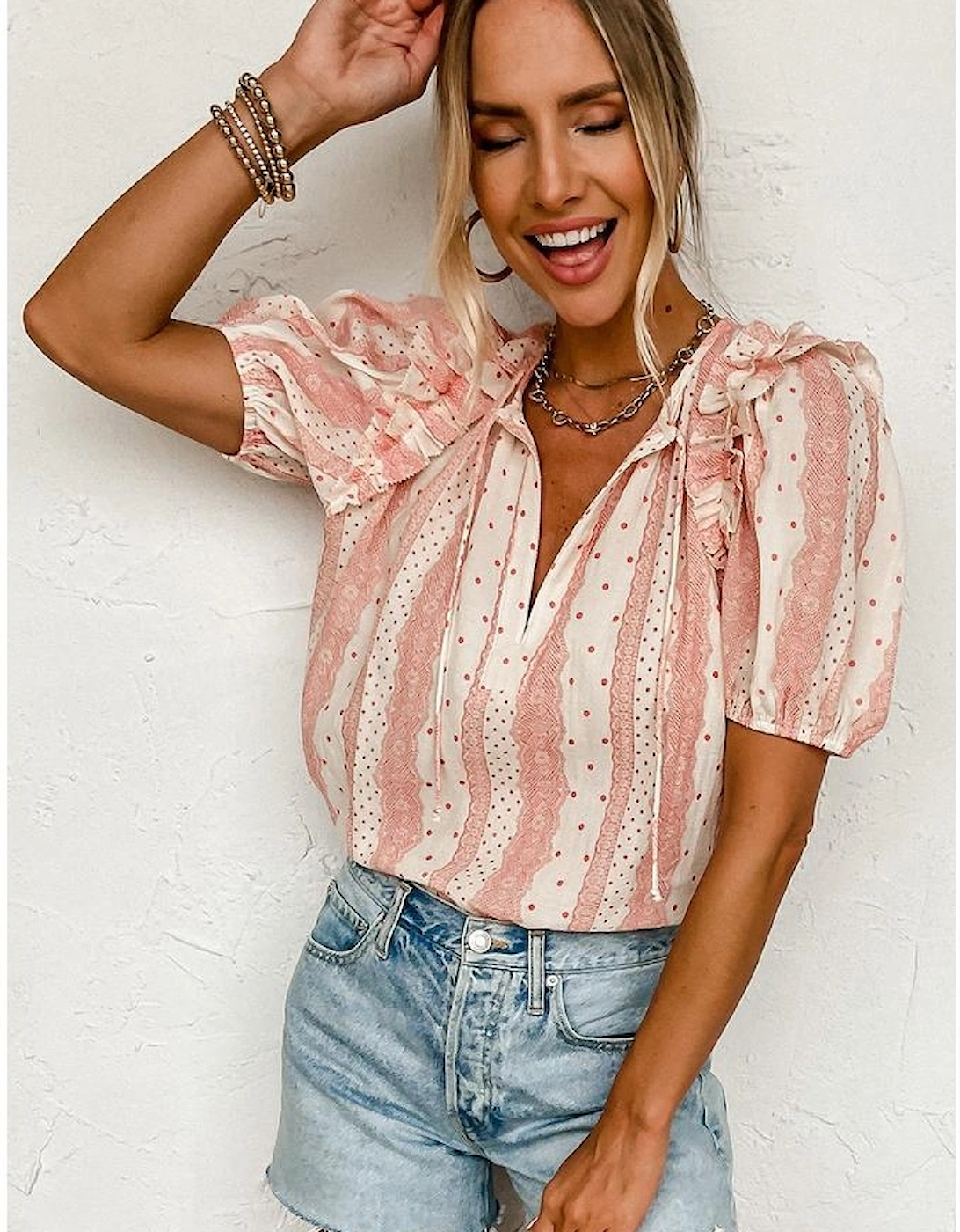 Red Frilled Short Puff Sleeve Mixed Print Blouse