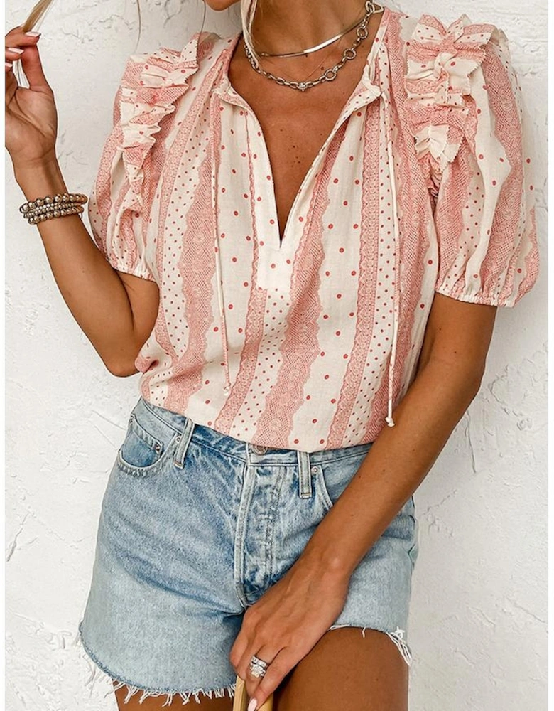 Red Frilled Short Puff Sleeve Mixed Print Blouse