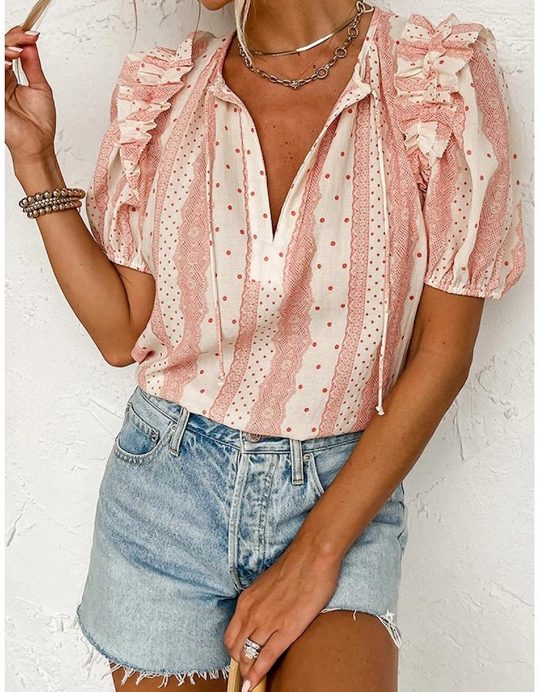 Red Frilled Short Puff Sleeve Mixed Print Blouse