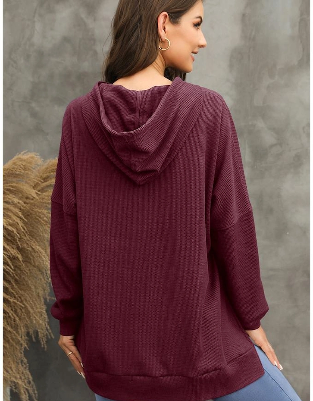 Red Dahlia Waffle Knit Fleece Lined High Low Oversized Hoodie