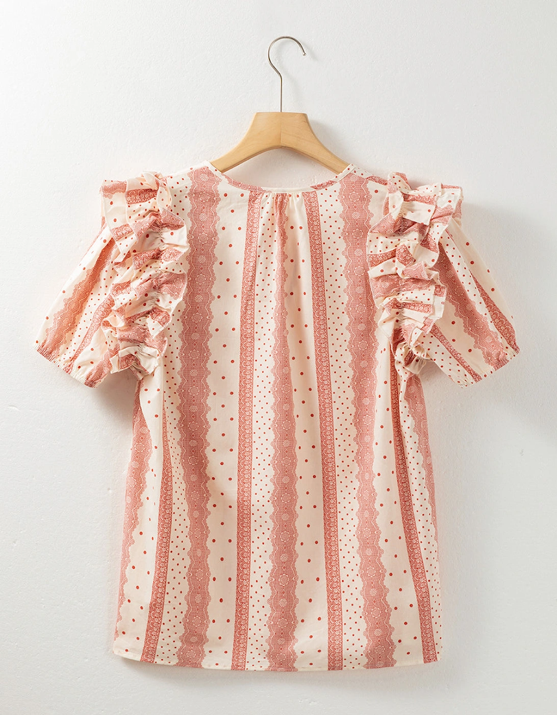 Red Frilled Short Puff Sleeve Mixed Print Blouse