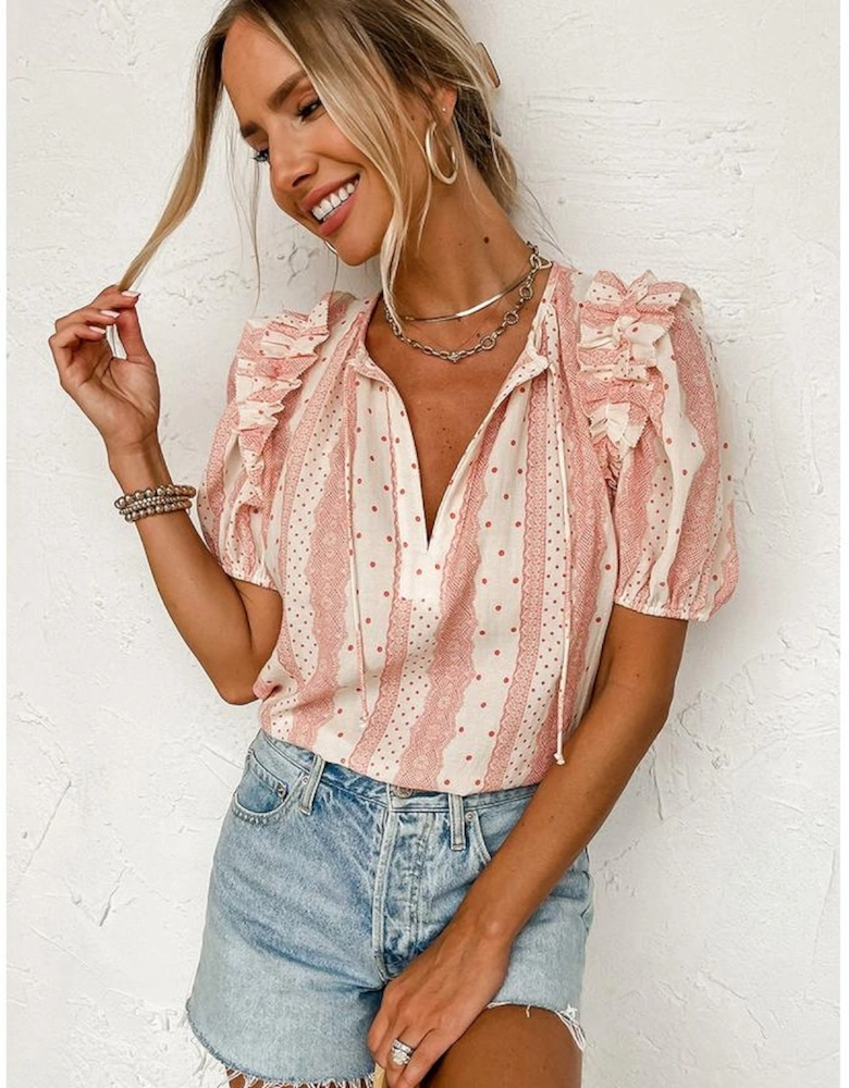 Red Frilled Short Puff Sleeve Mixed Print Blouse