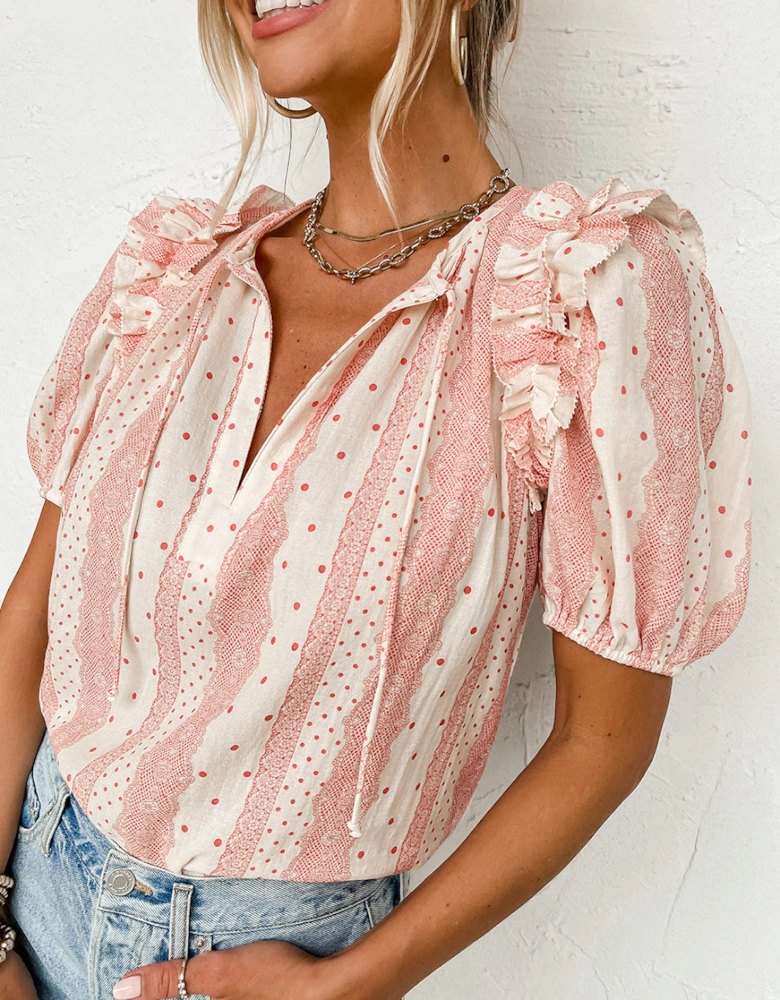 Red Frilled Short Puff Sleeve Mixed Print Blouse