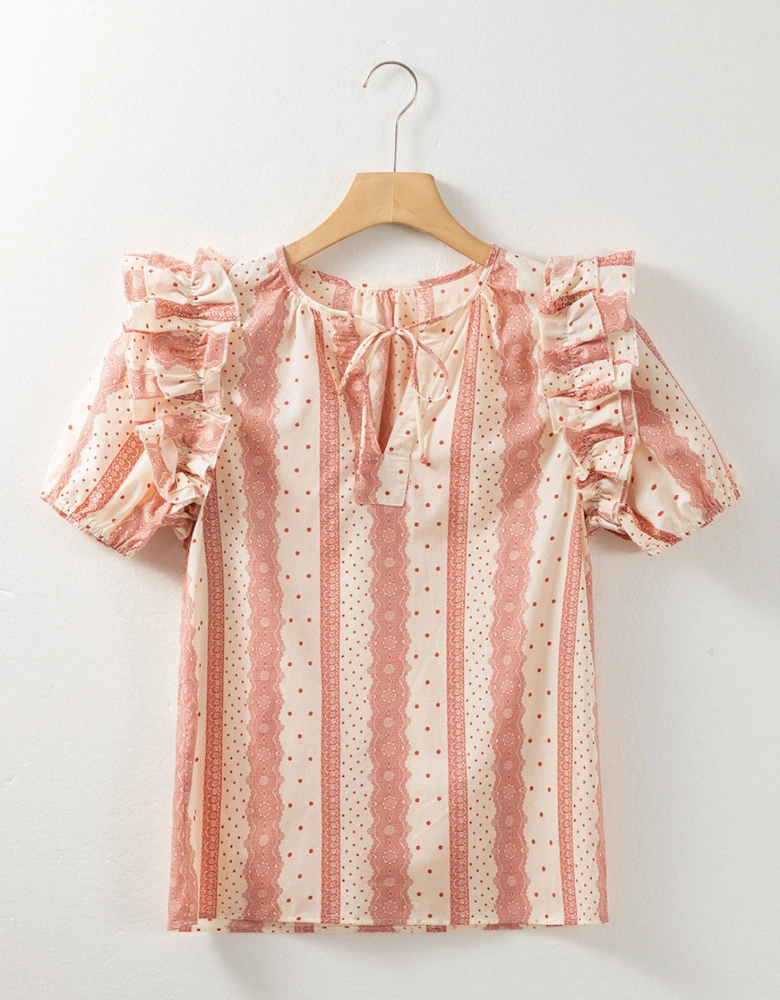 Red Frilled Short Puff Sleeve Mixed Print Blouse