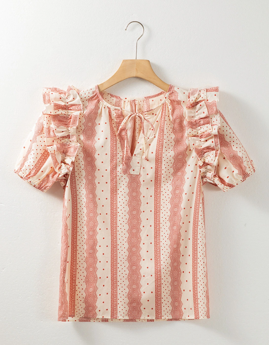 Red Frilled Short Puff Sleeve Mixed Print Blouse