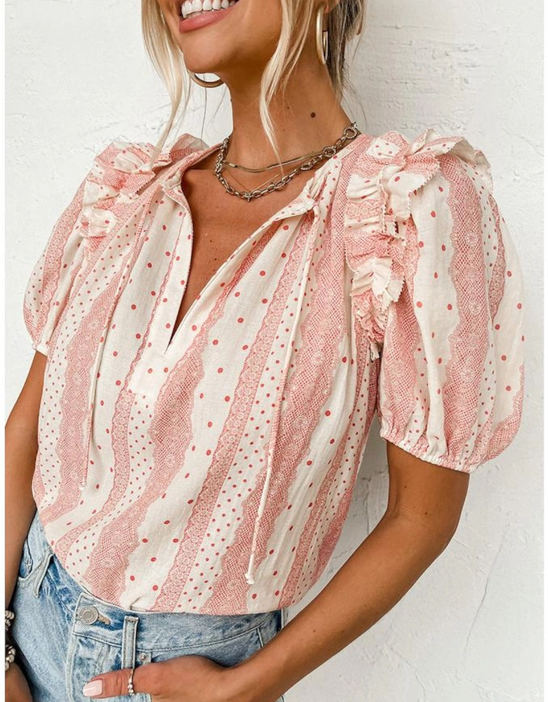 Red Frilled Short Puff Sleeve Mixed Print Blouse