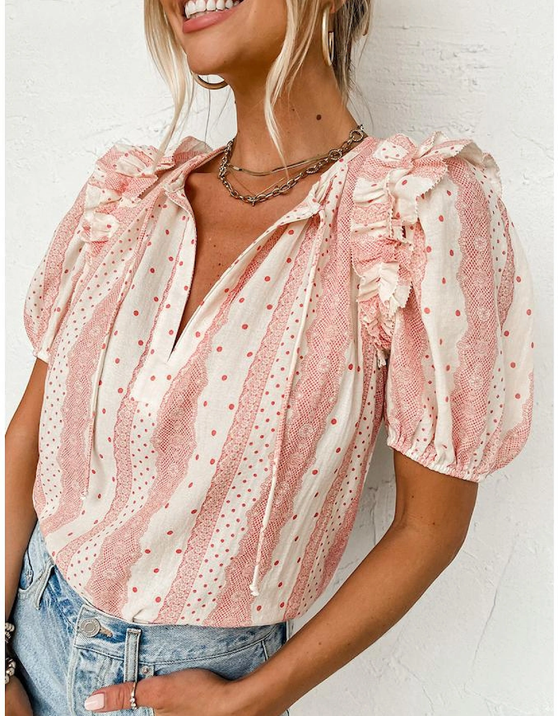 Red Frilled Short Puff Sleeve Mixed Print Blouse, 15 of 14
