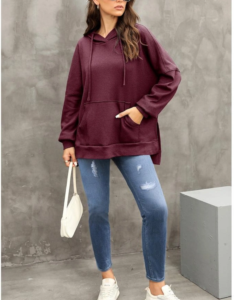 Red Dahlia Waffle Knit Fleece Lined High Low Oversized Hoodie