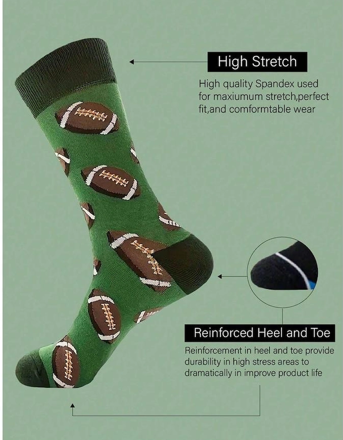 Azura Exchange Blackish Green Rugby Football Print Mid-length Socks