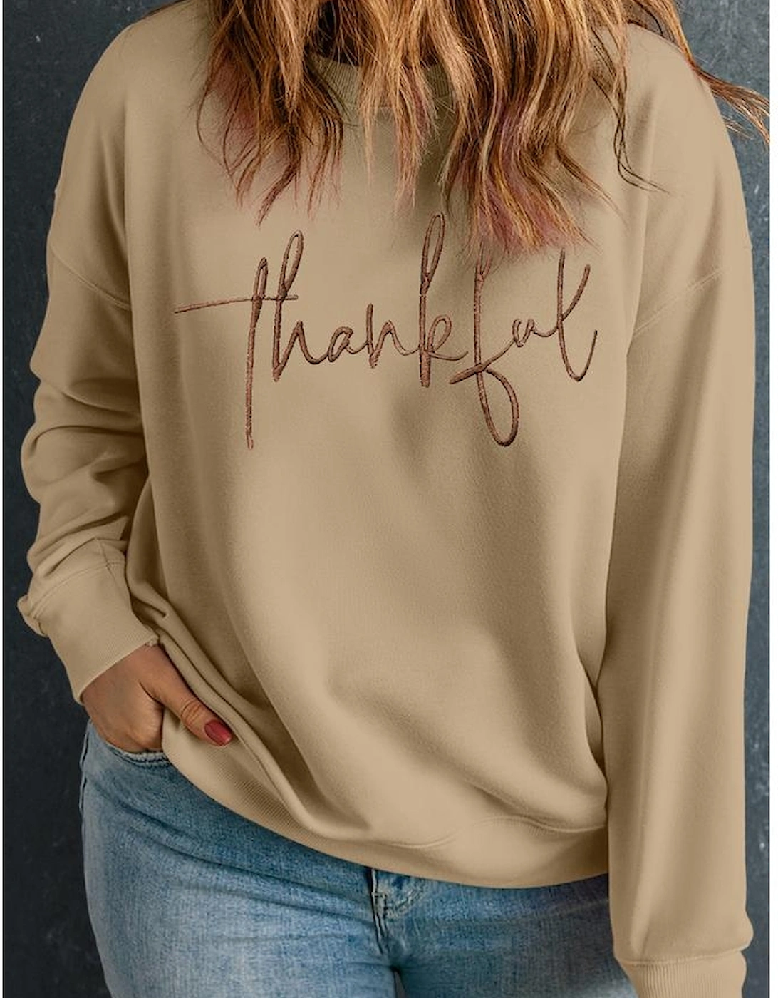 Apricot thankful Embroidered Crew Neck Plus Size Sweatshirt, 7 of 6