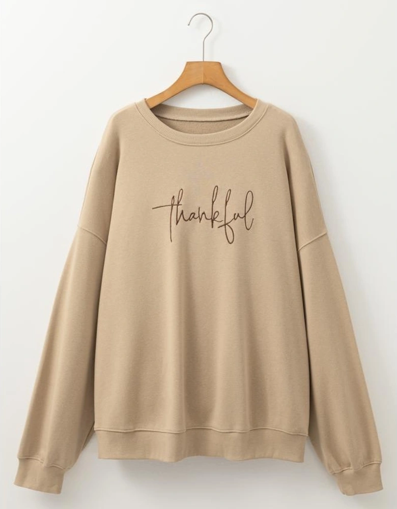 Apricot thankful Embroidered Crew Neck Plus Size Sweatshirt