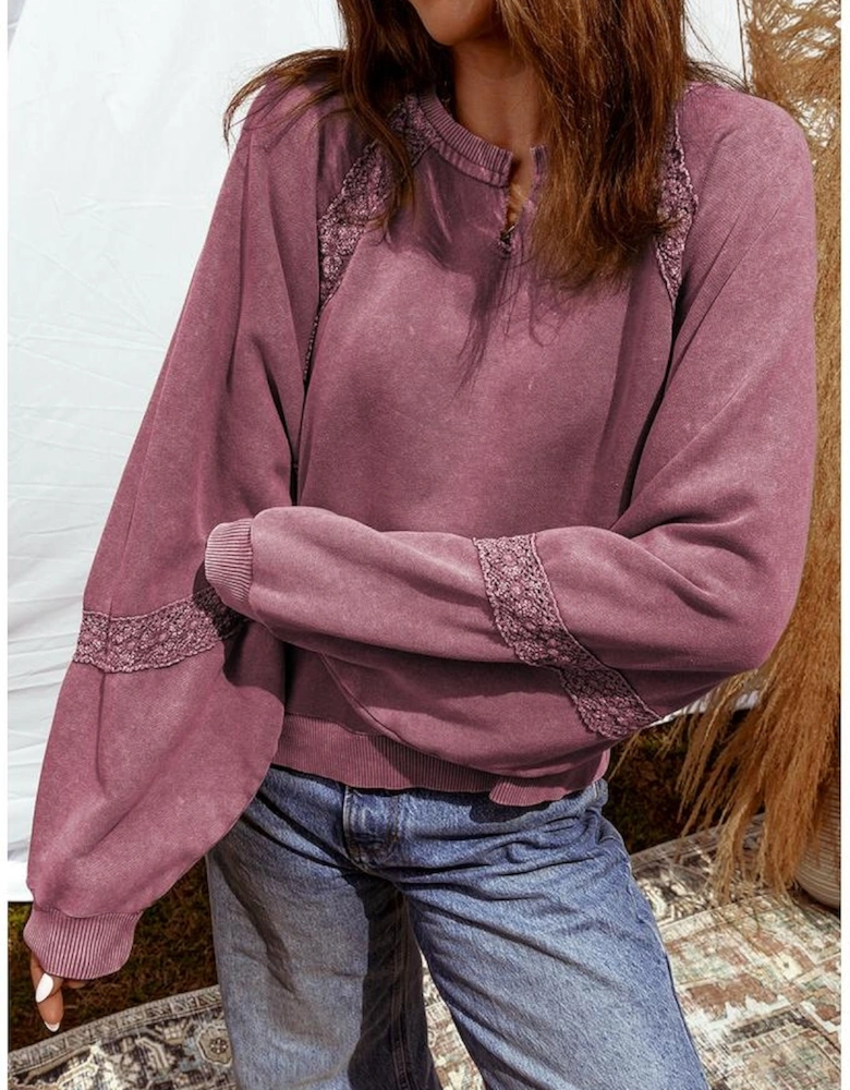 Red Dahlia Lace Patchwork Detail Notched Neck Mineral Wash Baggy Sweatshirt